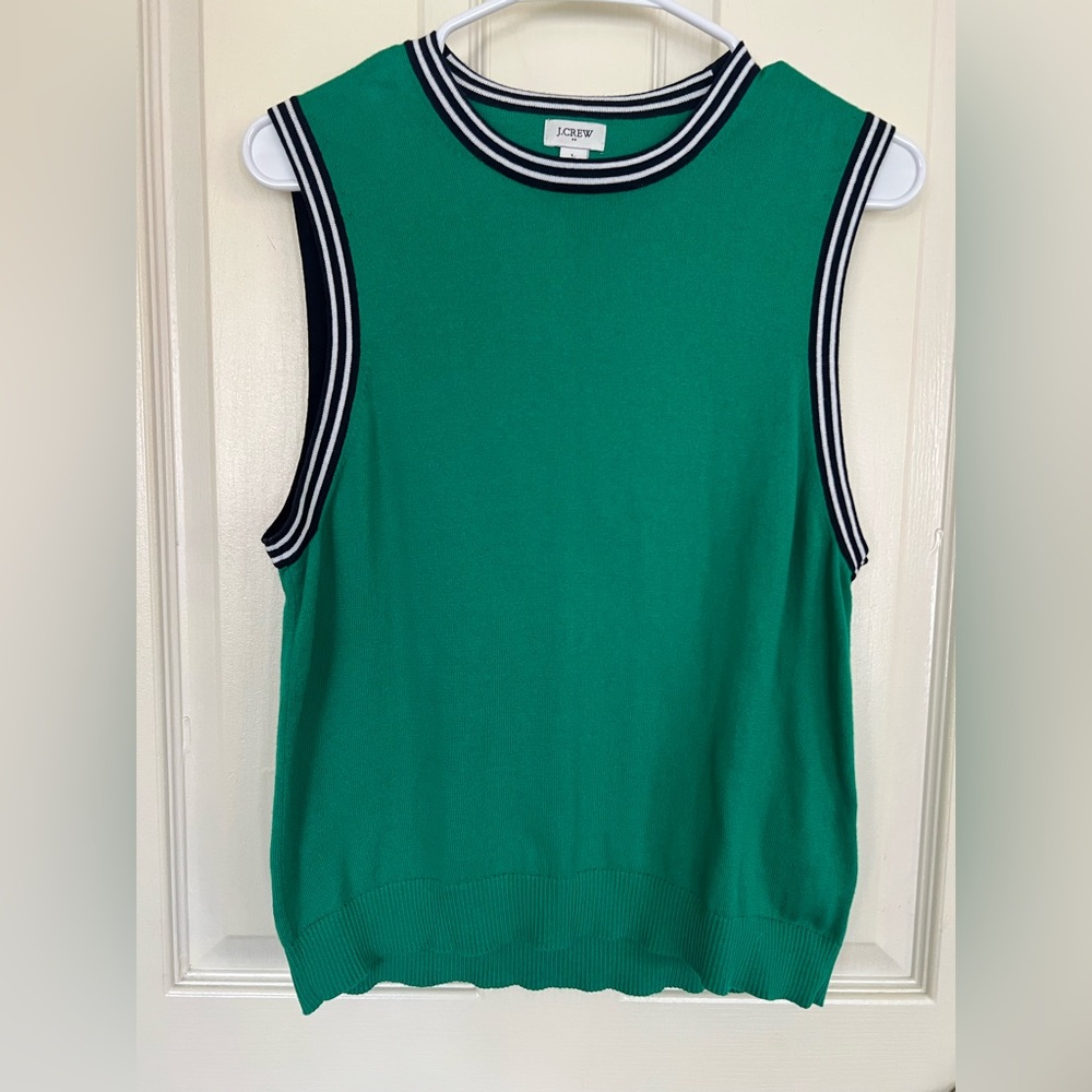 J.Crew Green Sleeveless Sweater Vest Striped Trim Size L Preppy